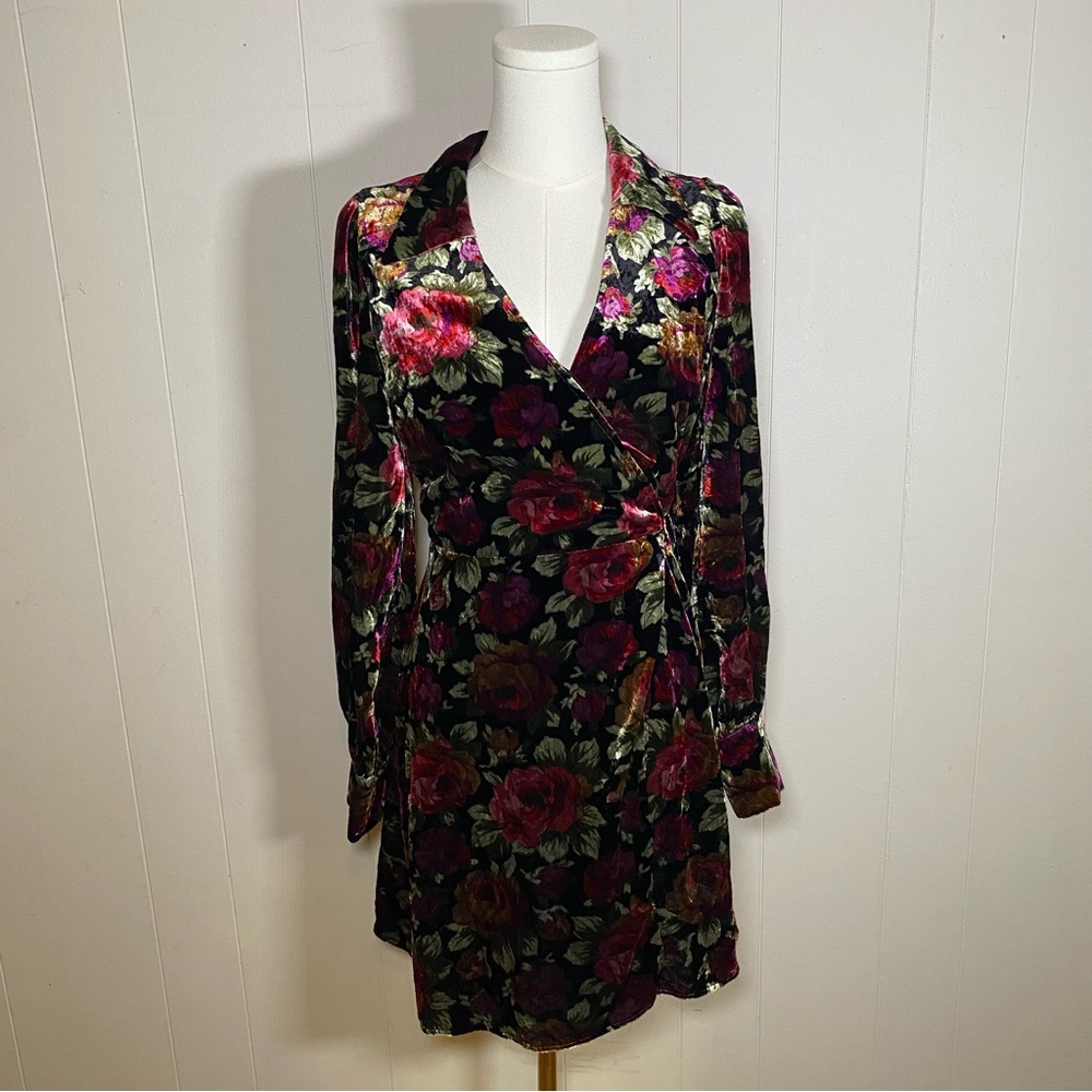 & Other Stories Velvet Floral Wrap Dress - Black and Pink